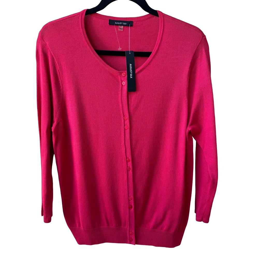 August Silk Preppy Minimalist Barbiecore Layering Knitwear Cardigan Pink L NEW